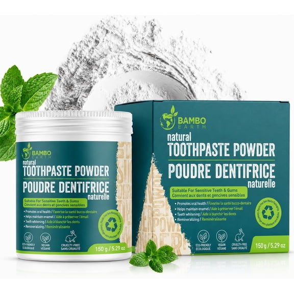 BAMBOEARTH Natural Fluoride Free Toothpaste Powder - Remineralizing Whitening Sensitive Teeth Tooth Powder with Baking Soda and 100% Zero Waste Packaging