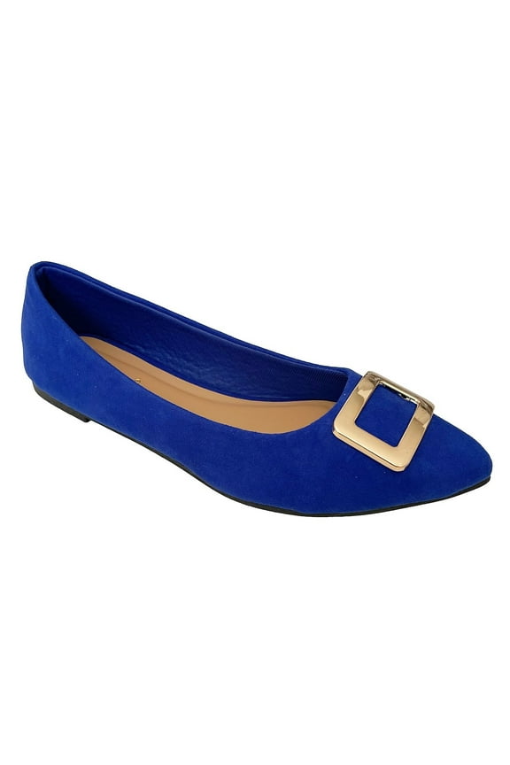 Engage-01 Pointy Toe Sleek Gold Buckle Ballet Flats Women's Elegant Slip-On Shoes Electric Blue 8.5