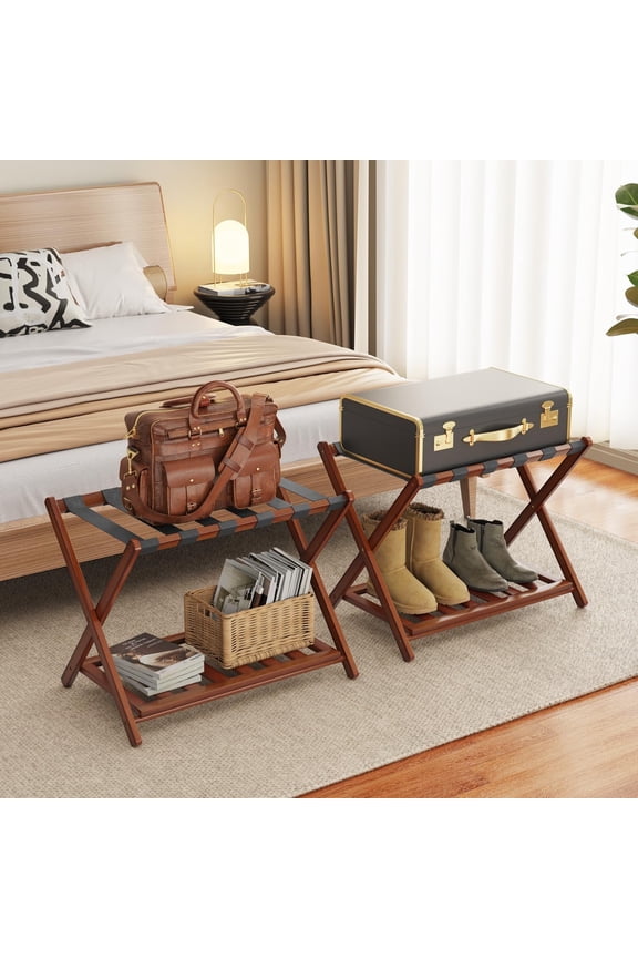 2-Pack Bamboo Luggage Rack with Shelf, Folding Suitcase Luggage Stand for Guest Room or Hotel, Wide Heavy-Duty Luggage Holder, Brown
