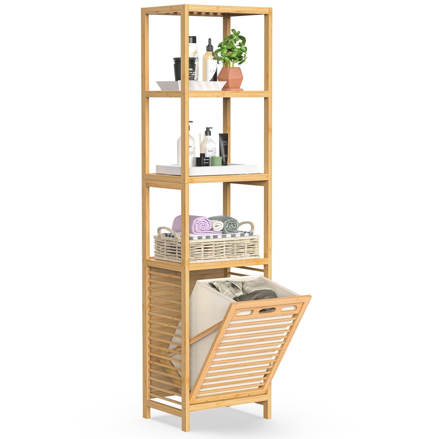 Bamboohomie Bamboo Shelf Bathroom Storage, 4-Tier Freestanding Bamboo Bathroom Organizer with Laundry Hamper, Natural