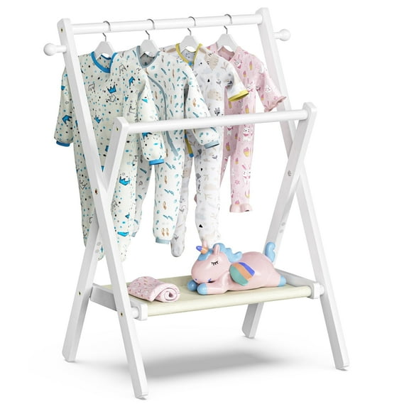 BAMBOOHOMIE Baby Clothes Rack, Small Bamboo Clothing Rack for Toddler w/ Storage Shelf & 2 Rods, Foldable Kids Garment Rack for Hanging Clothes, White