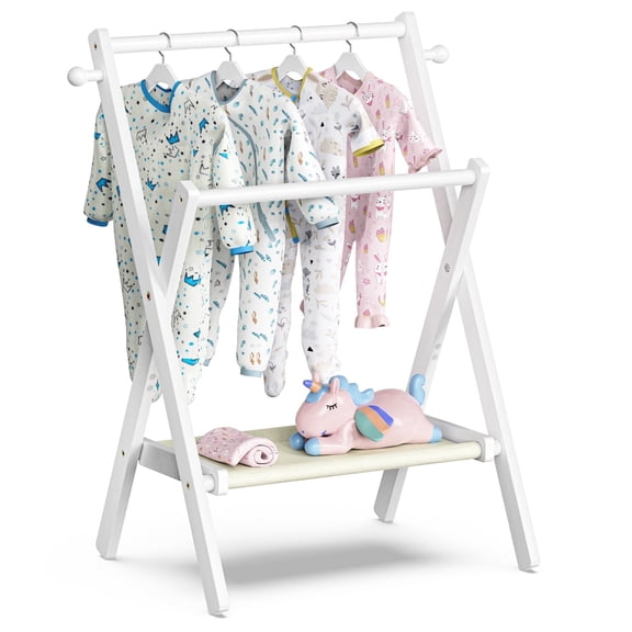 Bamboohomie Baby Clothes Rack, Dog Wardrobe Closet with 2 Rods, Foldable Bamboo Mini Garment Rack, White