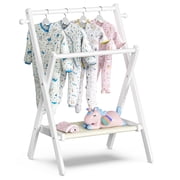 Bamboohomie Baby Clothes Rack, Dog Wardrobe Closet with 2 Rods, Foldable Bamboo Mini Garment Rack, White