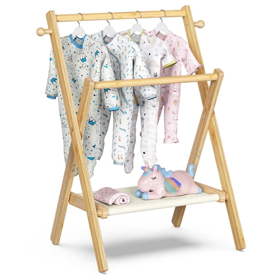Bamboohomie Kids Clothing Rack, Baby Clothes Rack with 2 Rods, Foldable Kids Dress Up Rack, Natural