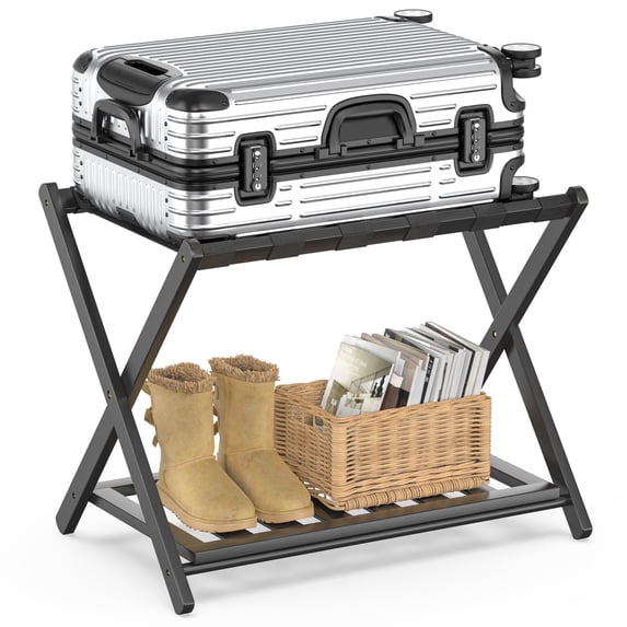 BAMBOOHOMIE Bamboo Luggage Rack for Guest Room, Wide Suitcase Stand with Storage Shelf, Folding Luggage Stand Holder for Bedroom Hotel Suitcases, Black