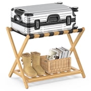 BAMBOOHOMIE Bamboo Luggage Rack, Folding Suitcase Stand with Storage Shelf for Guest Room, Wide Luggage Stand Foldable for Bedroom Hotel, Natural