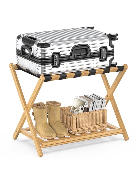 Bamboo Luggage Rack, Folding Suitcase Stand with Storage Shelf for Guest Room, Wide Luggage Stand Foldable for Bedroom Hotel, Natural