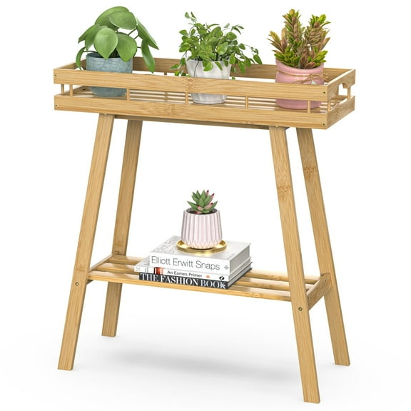 BAMBOOHOMIE Indoor Bamboo Plant Stand - 2 Tier Plant Table for Indoor Plants, Tall Window Plant Bench Shelf & Flower Pot Holder (Living Room, Patio, Balcony)