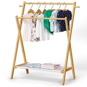 BAMBOOHOMIE Kids Clothes Rack, Bamboo Small Clothing Rack with Storage Shelf & 2 Rods, Foldable Child Garment Rack for Hanging Clothes, Regular Size