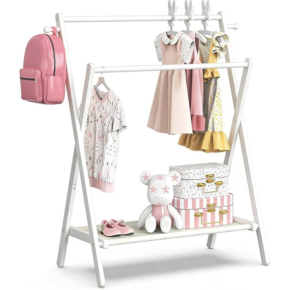 BAMBOOHOMIE Kids Clothes Rack, Child Bamboo Clothing Rack with Storage Shelf & 2 Rods, Foldable Small Garment Rack for Hanging Clothes, Regular Size, White