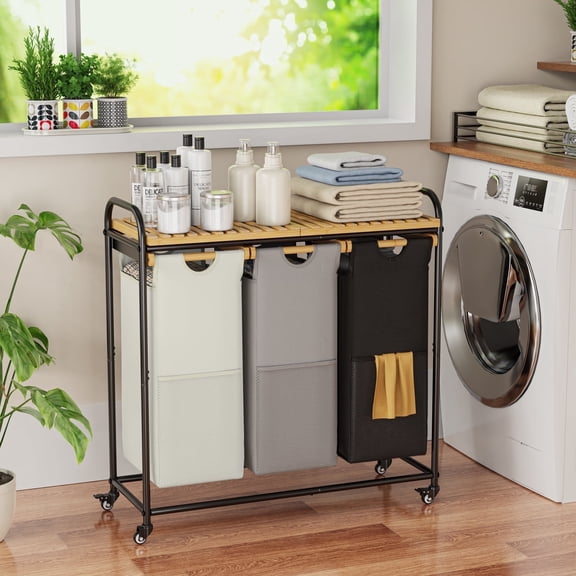 Bamboohomie 3 Compartment Laundry Hamper with Wheels, Rolling Laundry Basket 3 Section Sorter, Black Beige Gray