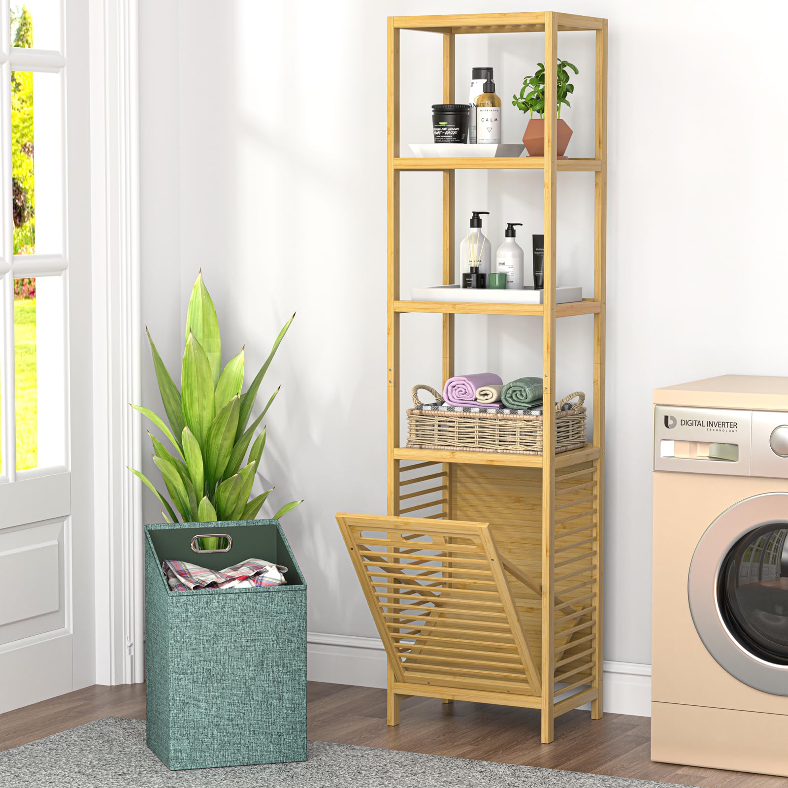 BAMBOOHOMIE Tilt Out Laundry Hamper with Storage Shelves, 4 Tier