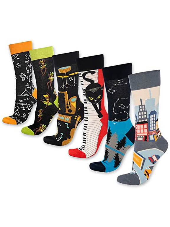 Fun Novelty Crew Socks for Men and Women, Colorful, 6 Pairs