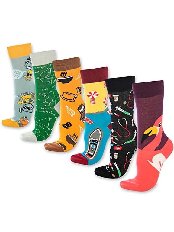 Fun Novelty Crew Socks for Men and Women, Colorful, 6 Pairs