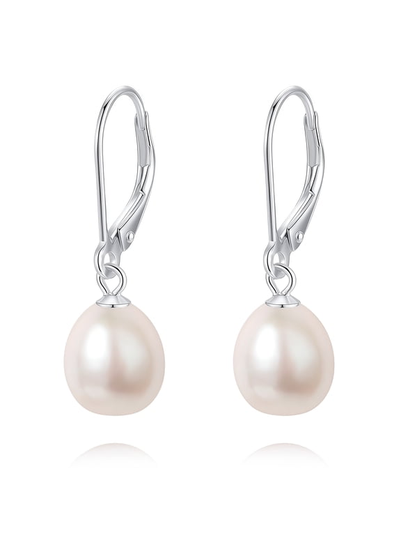 8-10 mm White Pearl Teardrop Women's Earrings, 925 Sterling Silver Lever-Back Dangle Earrings, Hypoallergenic Jewelry Gift