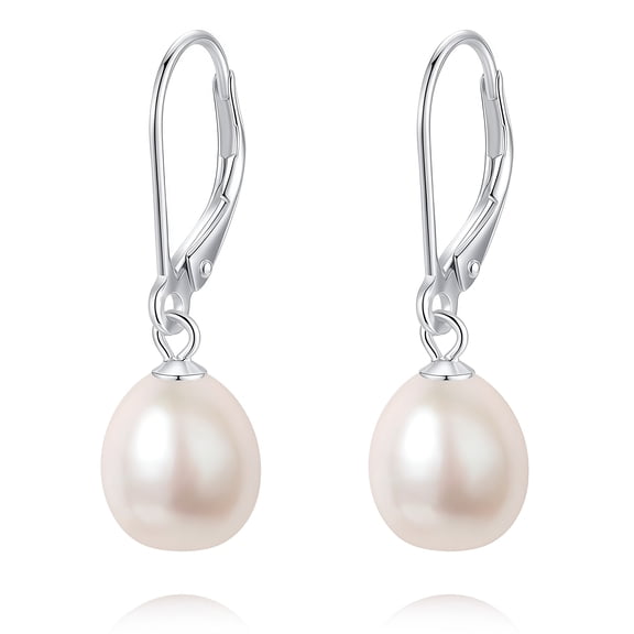 BAMIKI 8-10 mm White Pearl Teardrop Women's Earrings, 925 Sterling Silver Lever-Back Dangle Earrings, Hypoallergenic Jewelry Gift