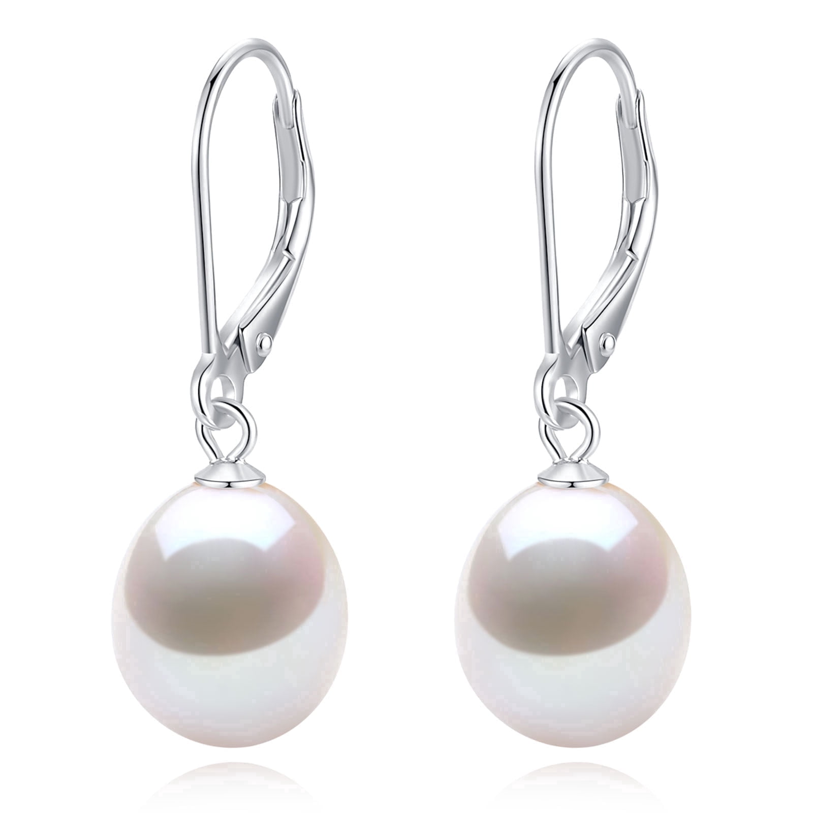 BAMIKI 9-10 mm Cultured Pearl Drop Earrings for Women, 925 Sterling Silver Leverback Dangle Earrings, Hypoallergenic Jewelry Gift