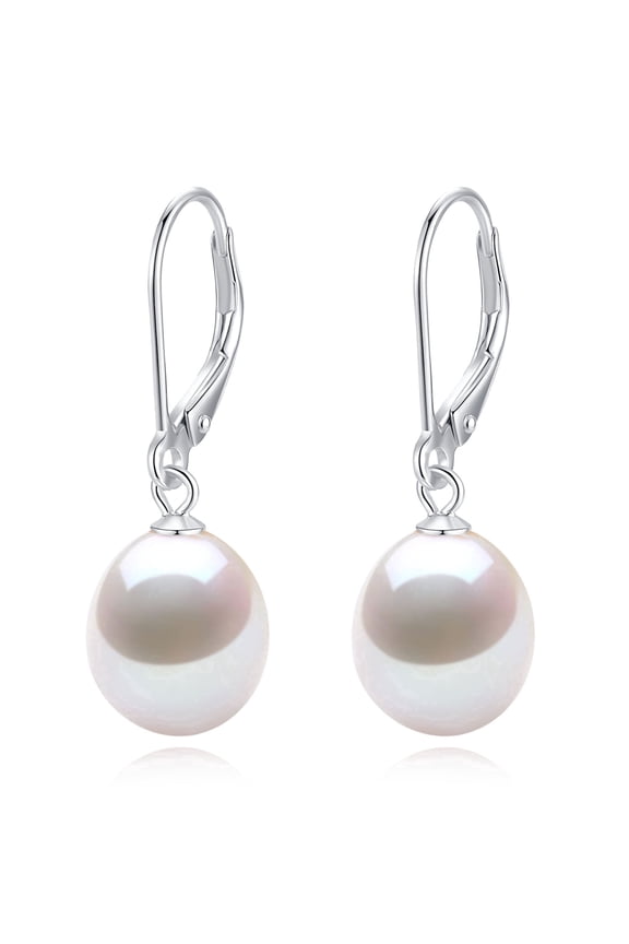 BAMIKI 9-10 mm Cultured Pearl Drop Earrings for Women, 925 Sterling Silver Leverback Dangle Earrings, Hypoallergenic Jewelry Gift