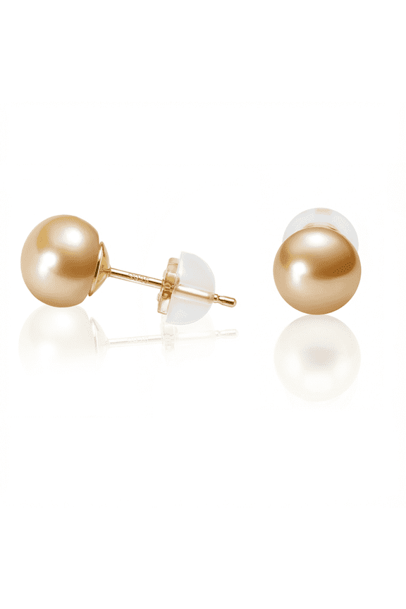 7-8mm Golden Cultured Pearl Stud Earrings for Women, 925 Sterling Silver, Hypoallergenic Valentine's Day Jewelry Gift