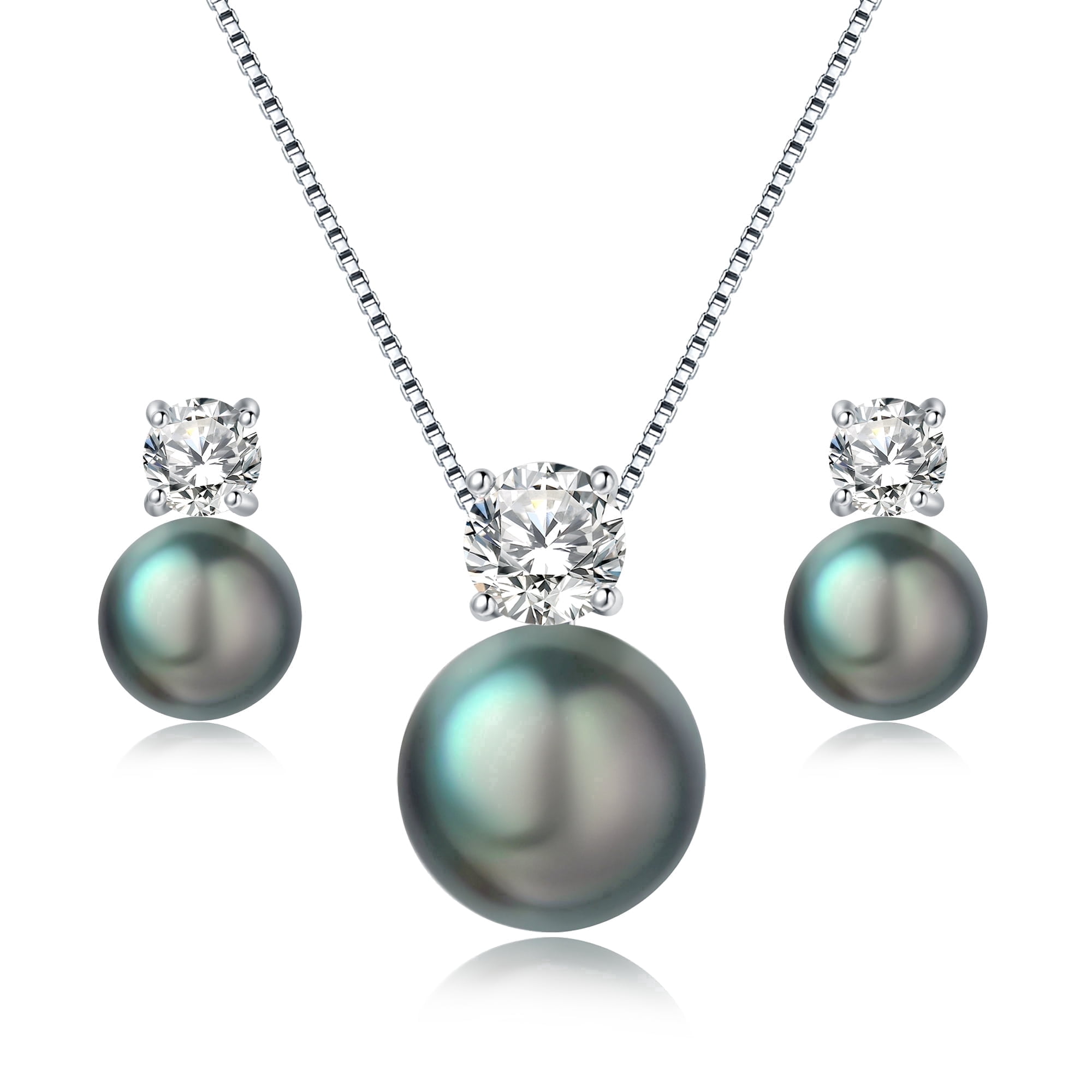 BAMIKI 8-10mm Black Cultured Pearl Earrings and Necklace Set for Women, 925 Sterling Silver Jewelry, Hypoallergenic Gift
