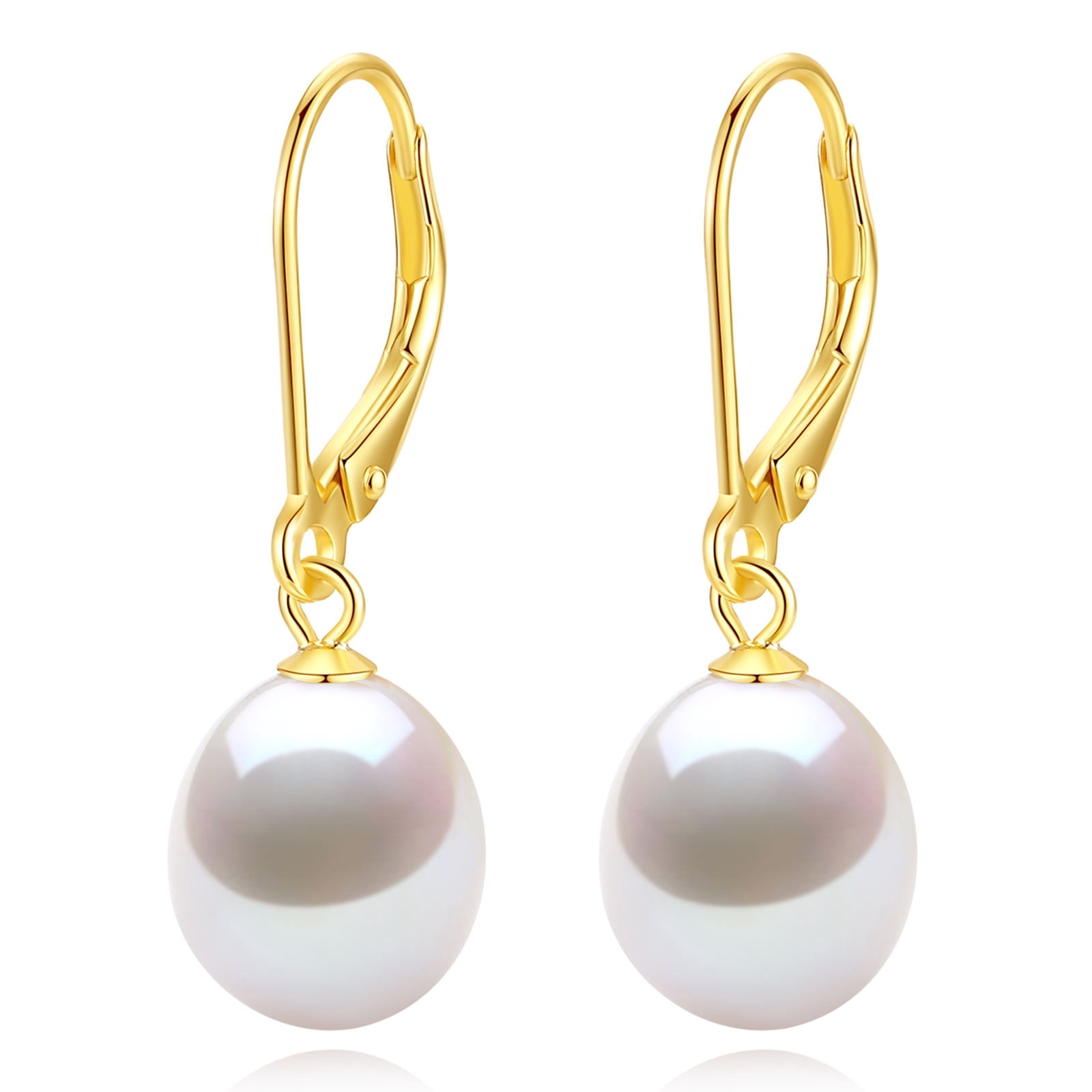 BAMIKI 8.5-9mm Cultured White Pearl Drop Earrings for Women, 925 Sterling Silver Leverback Dangle Earrings, Hypoallergenic Jewelry Gif