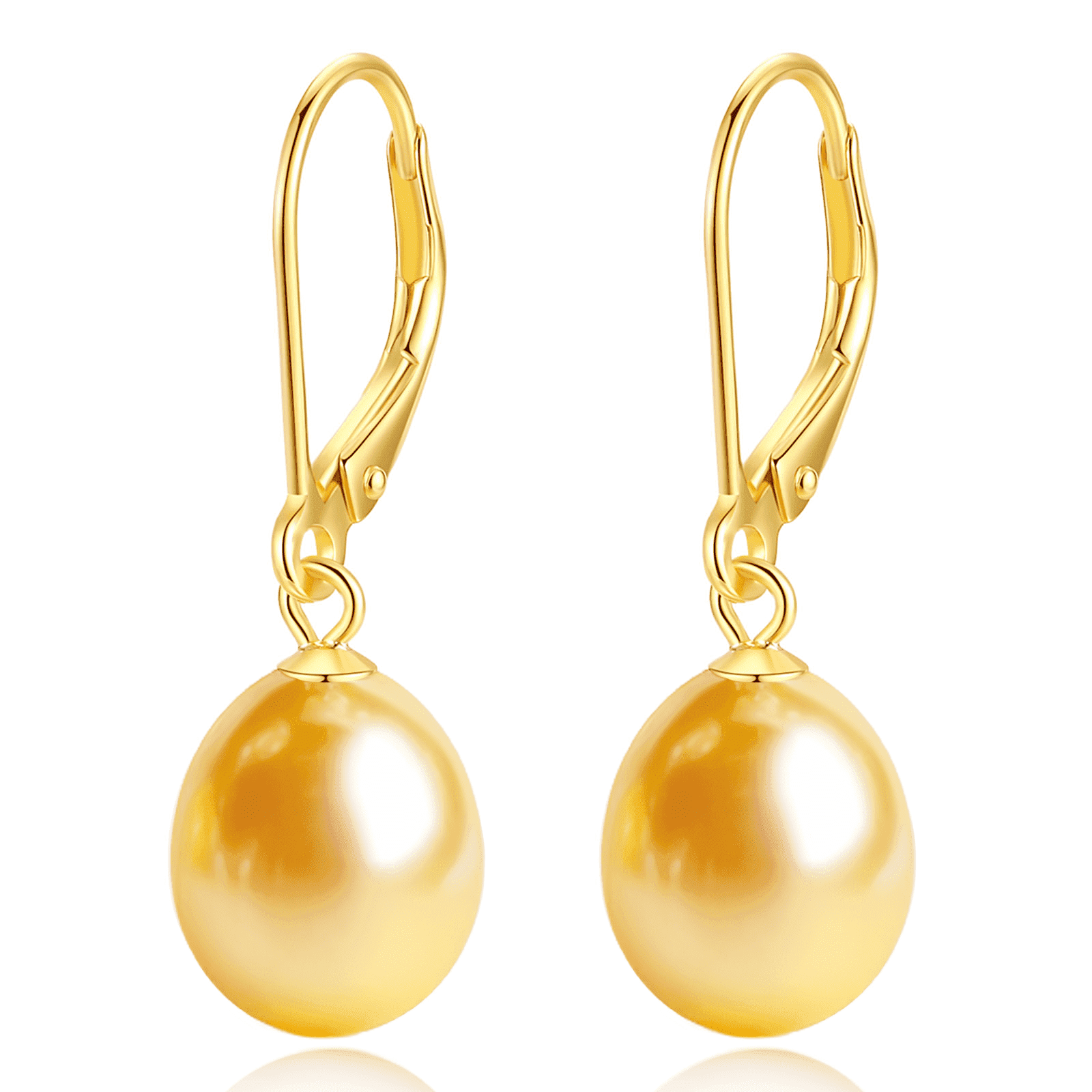 BAMIKI 8.5-9mm Gold Cultured Pearl Drop Earrings for Women, 925 Sterling Silver Leverback Dangle Earrings, Hypoallergenic Jewelry Gift
