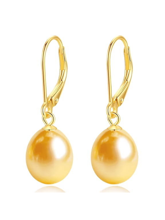 8-10mm Gold Pearl Women's Dangle Earrings, 14K Gold-Plated, 925 Sterling Silver Lever-Back Dangle Earrings, Hypoallergenic Jewelry Gift