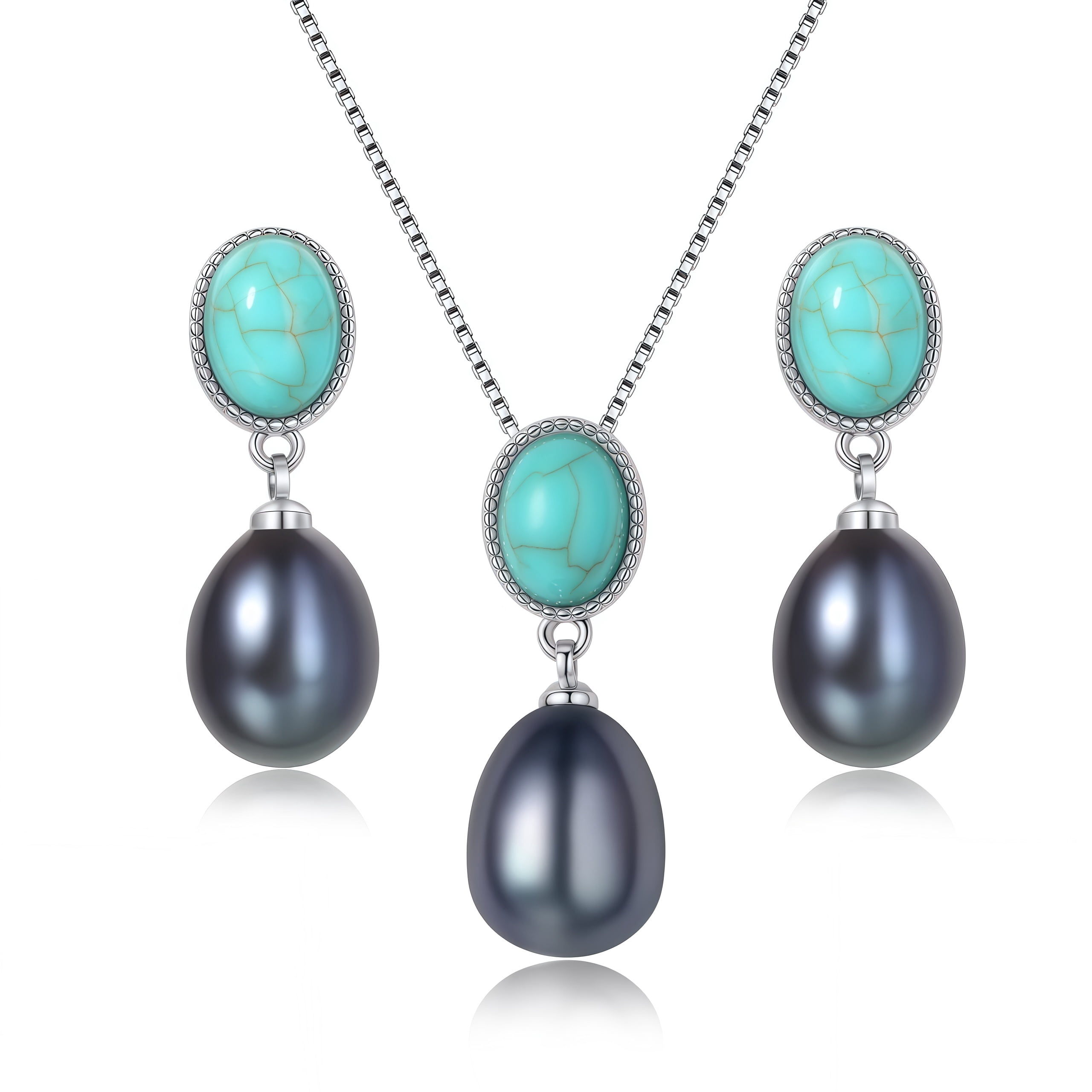 BAMIKI 9-10mm Black Pearl Necklace and 8-9mm Earrings Set 925 Sterling Silver Jewelry Gift for Women