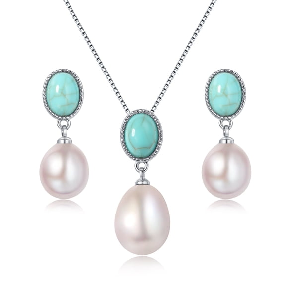 BAMIKI 9-10mm White Pearl Necklace and 8-9mm Earrings Set 925 Sterling Silver Valentine's Day Jewelry Gift for Women