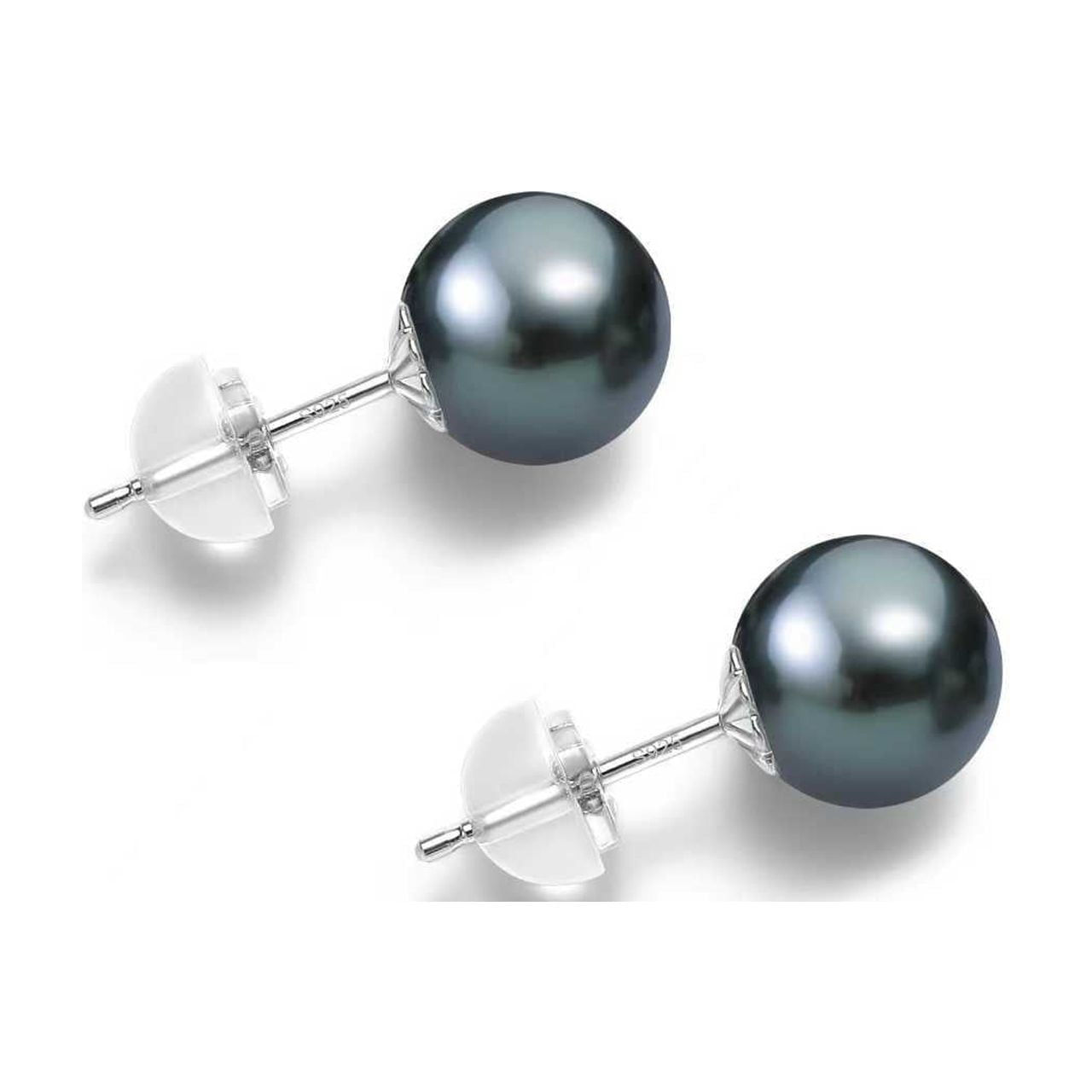 BAMIKI 9.5-10 mm Handpicked Tahitian Black Pearl Earrings 925 Sterling Silver Studs Valentine's Day Gift for Women