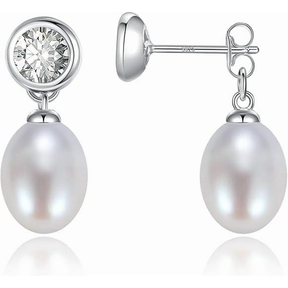 BAMIKI 8.5-9mm Drop & Dangle Pearl Earrings for Women – 925 Sterling Silver Freshwater Cultured Pearls with Cubic Zirconia, 2-Way Wear Hypoallergenic Jewelry Gift