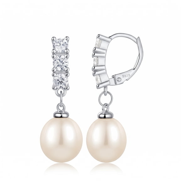 BAMIKI Elegant S925 Sterling Silver White Pearl Leverback Earrings for Women, Hypoallergenic Clasp with 5A Cubic Zirconia, Lustrous Teardrop Pearl Dangle Jewelry