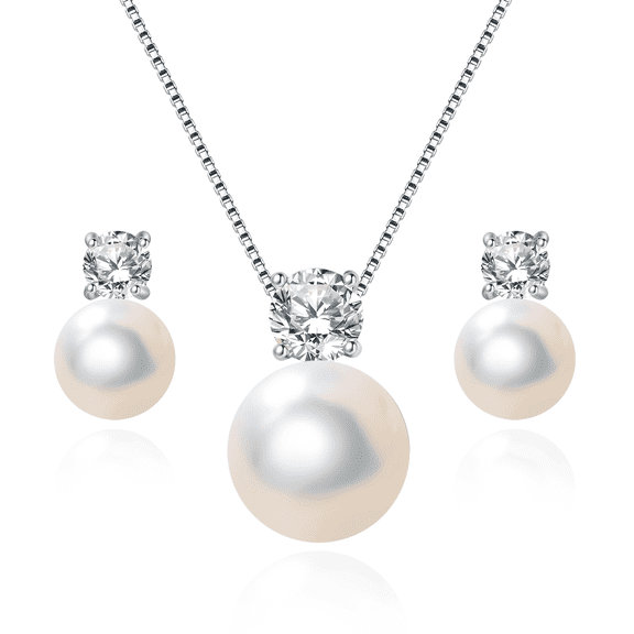 BAMIKI 8-10mm White Cultured Pearl Earrings and Necklace Set for Women, 925 Sterling Silver Jewelry, Hypoallergenic Gift