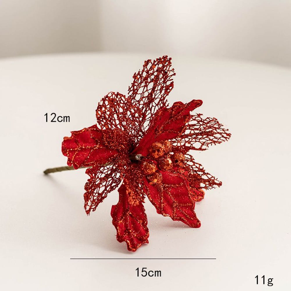 BAMILL 1PC Christmas Poinsettia Glitter Artificial Flowers Xmas Tree