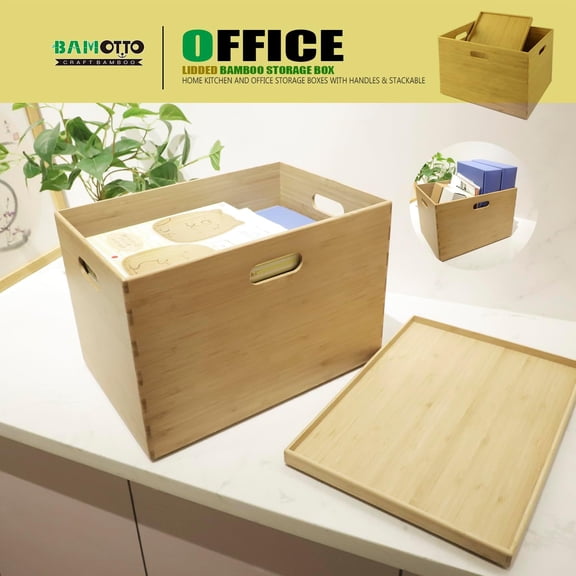 BAMOTTO Lidded Bamboo Storage Bins & Box/Cube/Basket - Natural Bamboo Wood Style, 14.6" x 10.2" x 9.6" for Home Kitchen and Office Storage