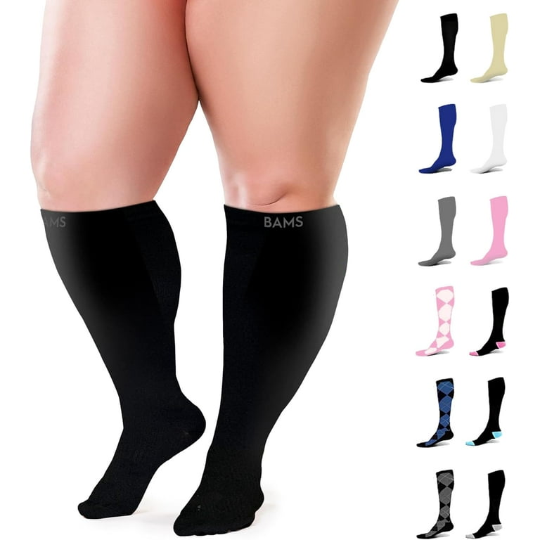 BAMS Plus Size Compression Socks Wide Calf XL XXL XXXL Graduated Knee-High  Support, Viscose from Bamboo Easy-On/Easy-Off Black XX-Large 