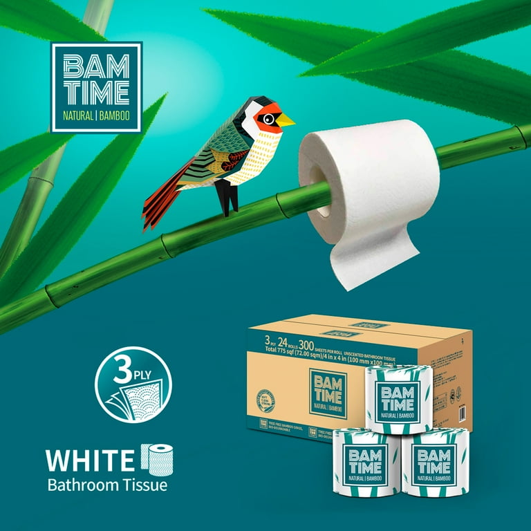 BAMTIME Bamboo Toilet Paper, 24 Rolls of Tree-Free Eco-Friendly toilet paper,  3-Ply 300 Sheet Per Roll, 