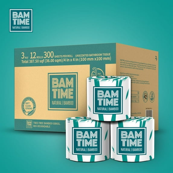 BAMTIME Bamboo Toilet Paper, 3-Ply /300 /12 rolls Eco-Friendly,