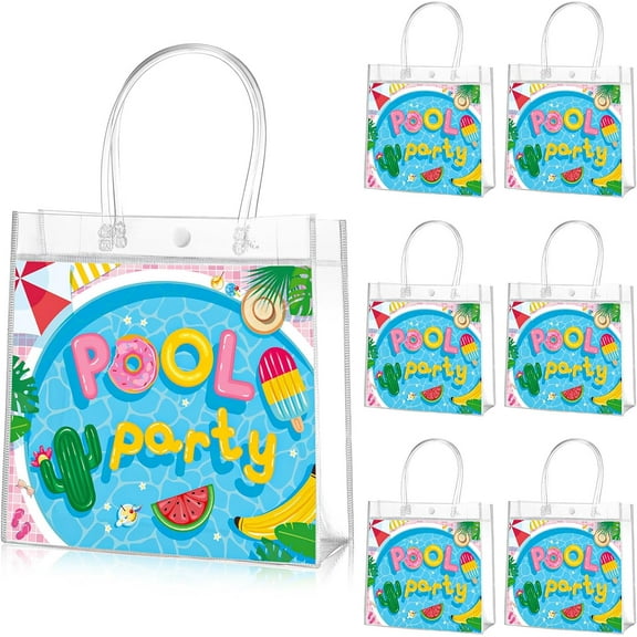 BAN 20 Pcs Pool Party Clear Favor Bags with Handles Swimming Themed Waterproof Goodie Bags for Pool Swimming Summer Party Birthday Baby Shower Supplies, 8 x 8 x 3. 15 Inch