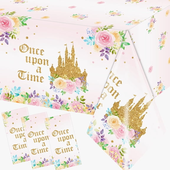BAN 3PCS Princess Birthday Party Tablecloths Decorations, Once Upon a Time Birthday Decorations Plastic Princess Castle Party Floral Table Cover for Girls Baby Shower