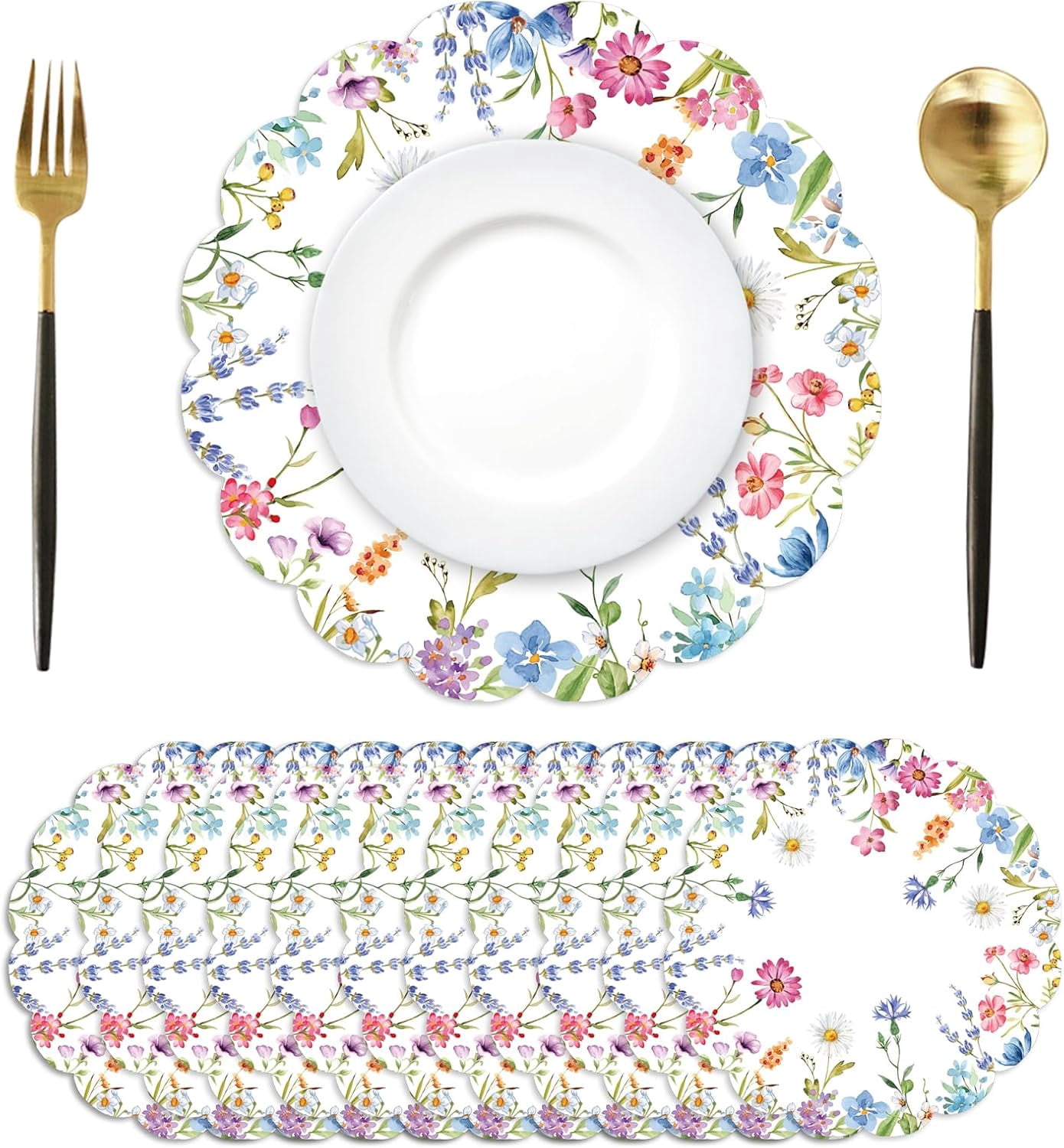 BAN 50Pcs Floral Round Paper Placemats,13.4 Inch Wildflower Disposable Place Mats Summer Scalloped Table Mats for Kitchen Dining Birthday Banquet Wedding Party Supplies