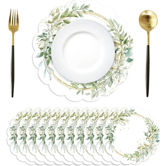 BAN 50Pcs Green Eucalyptus Leaves Round Paper Placemats,13.4 Inch Summer Wedding Round Table Mats Scalloped Disposable Placemats for Kitchen Dining Birthday Banquet Wedding Party Supplies