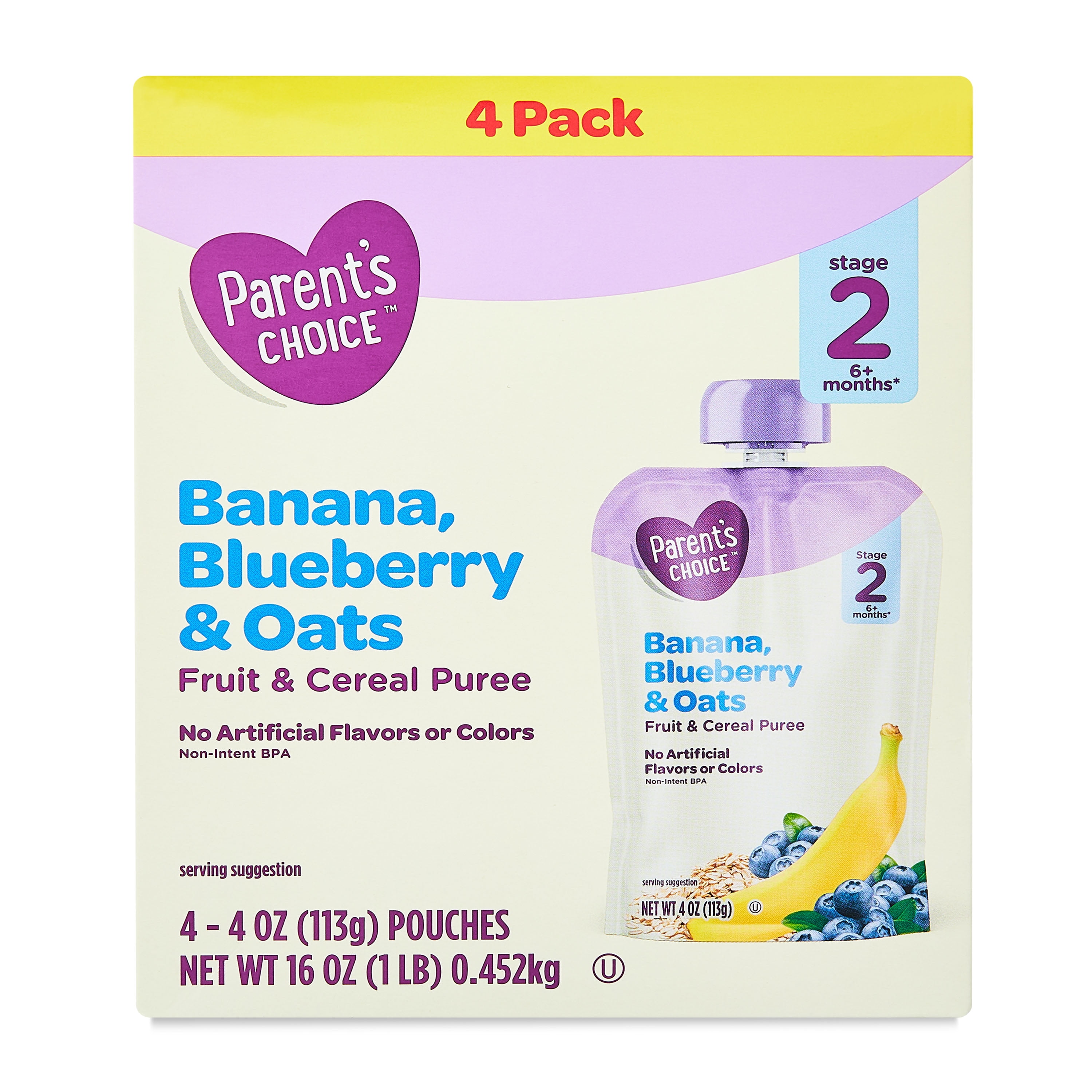 Parent's Choice Stage 2 Baby Food Banana Blueberry Oats Fruit and Cereal Puree, 4 oz Pouch, 4 Pack
