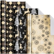 LeZakaa Black Gold Christmas Wrapping Paper Mini Roll, Reindeer Snowflake Tree Grid Metallic Foil Holiday Gift Wrap, DIY Craft, for Xmas Winter Party, 17 x 120 inches, 3 Rolls