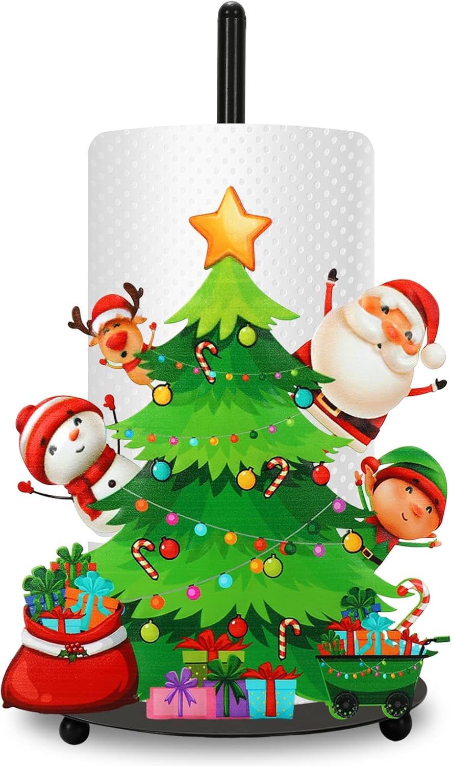 BAN Christmas Paper Towel Holder Xmas Tree Snowman Santa Claus Reindeer Kitchen Decor Accessories Large Metal Towel Holder Stand for Home Bathroom Countertop