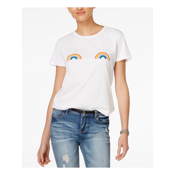 BAN.DO Womens White Rainbows Short Sleeve Jewel Neck Casual Top M