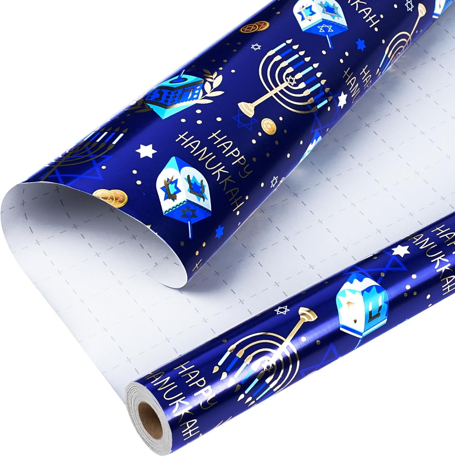 BAN Hanukkah Wrapping Paper Roll, Foil Gift Wrap with Menorah, Dreidel & Happy Hanukkah Print, 17 Inch x 33 Feet, Blue Holiday Gift Wrap with Grid Lines for Easy Cutting