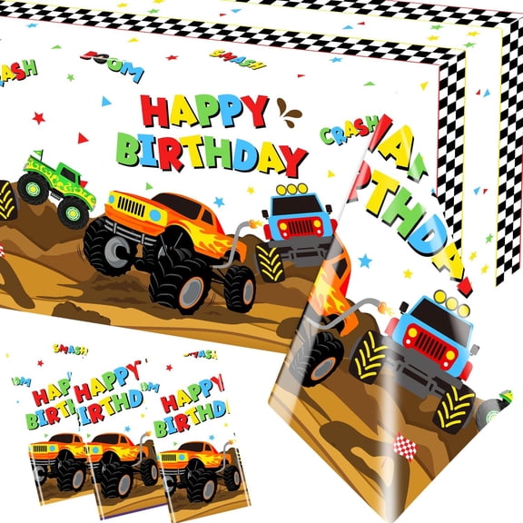 BAN Monster Truck Tablecloth - 3 Pcs Disposable Machine Table Cover, Checkered Tablecloth for Monster Truck Birthday Party Decorations