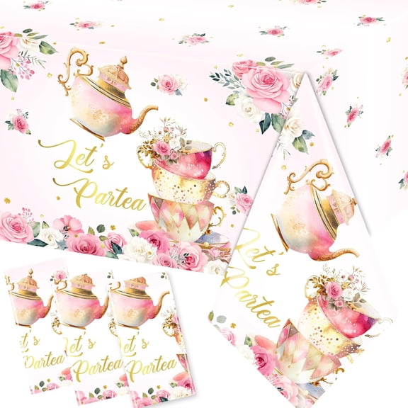 BAN Pink Floral Tea Party Tablecloth, Girls Tea Party Birthday Supplies 3pcs Let's Partea Spring Disposable Table Cover for Baby Shower, Floral Birthday Decorations