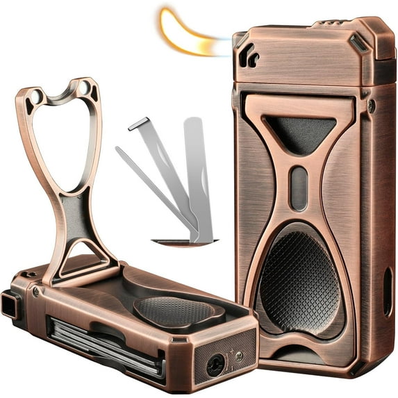 BAN Pipe Lighter with Pipe Stand, 3 Collapsible Pipe Cleaning Tools, 4 in 1 Soft Flame Lighter, Refillable Butane, Men's Pipe Set Gift (Bronze Color)